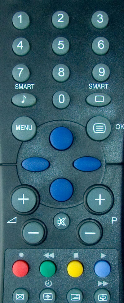 Telecomandă de televizor, cu butonul de teletext lângă MENU și, mai jos, butonul roșu, cel verde, cel galben și cel albastru.